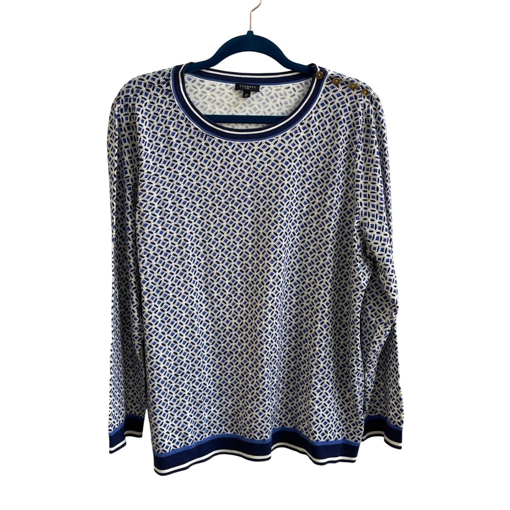 Talbots Geometric Knit Sweater Women XL Blue Preppy Nautical Shoulder Button Top - Picture 2 of 7